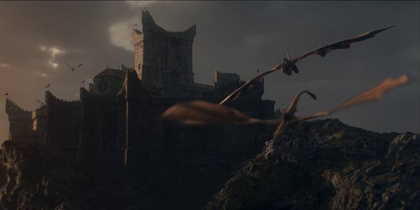 Jace and Luke on dragonback leaving Dragonstone in House of the Dragon.