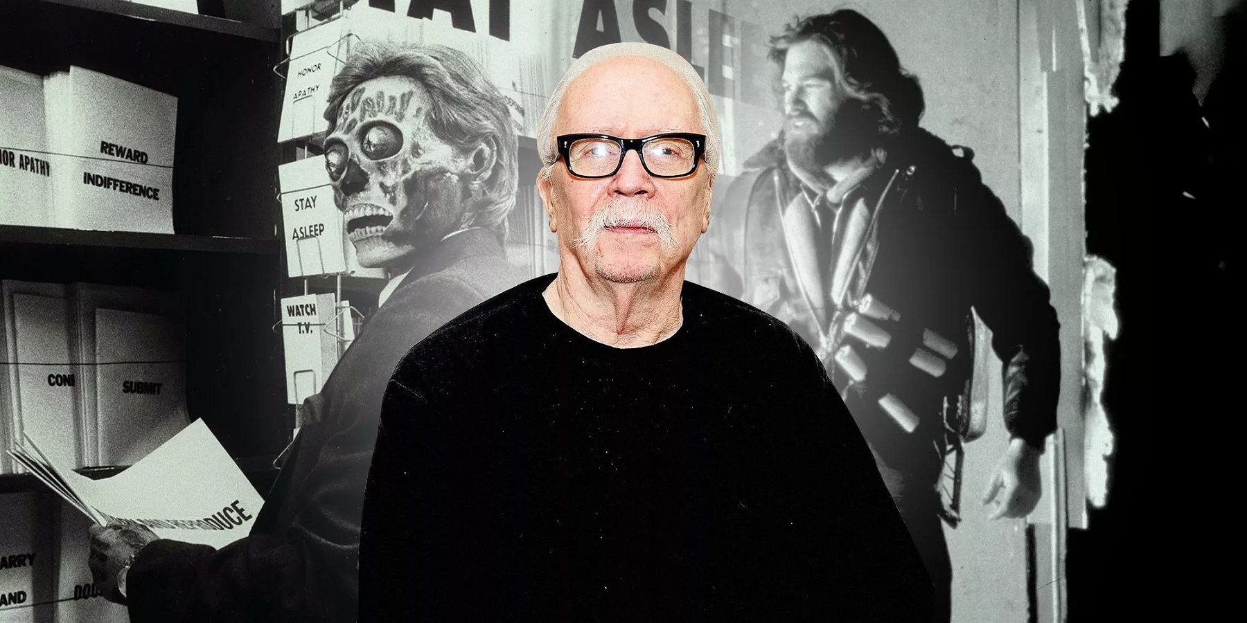 Image of John Carpenter in front of black and white stills of They Live and The Thing.