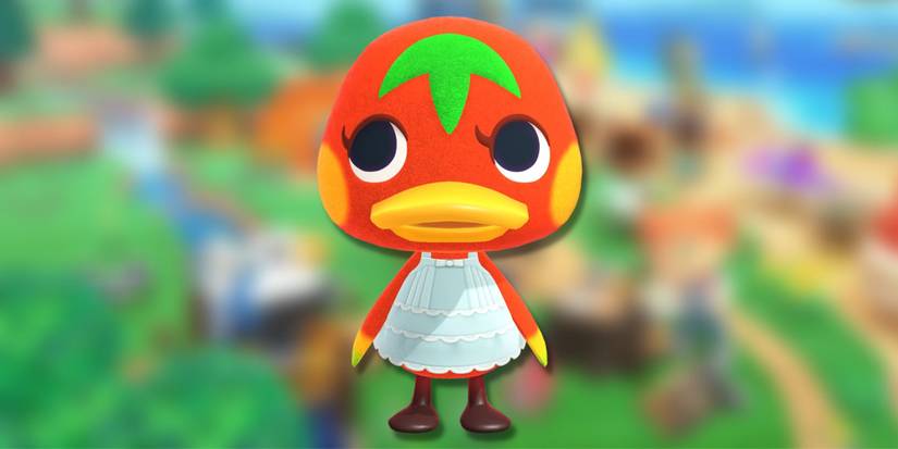 Ketchup, a red duck with a green leaf on her forehead, on a blurred green background.