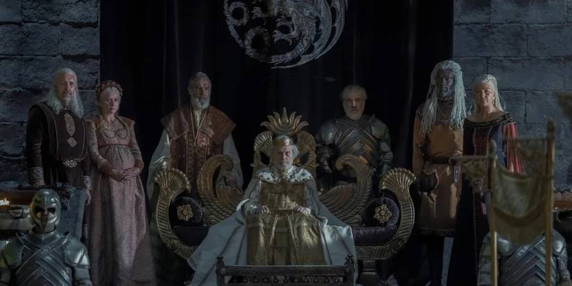 king jaehaerys on his throne with Rhaenys Targaryen