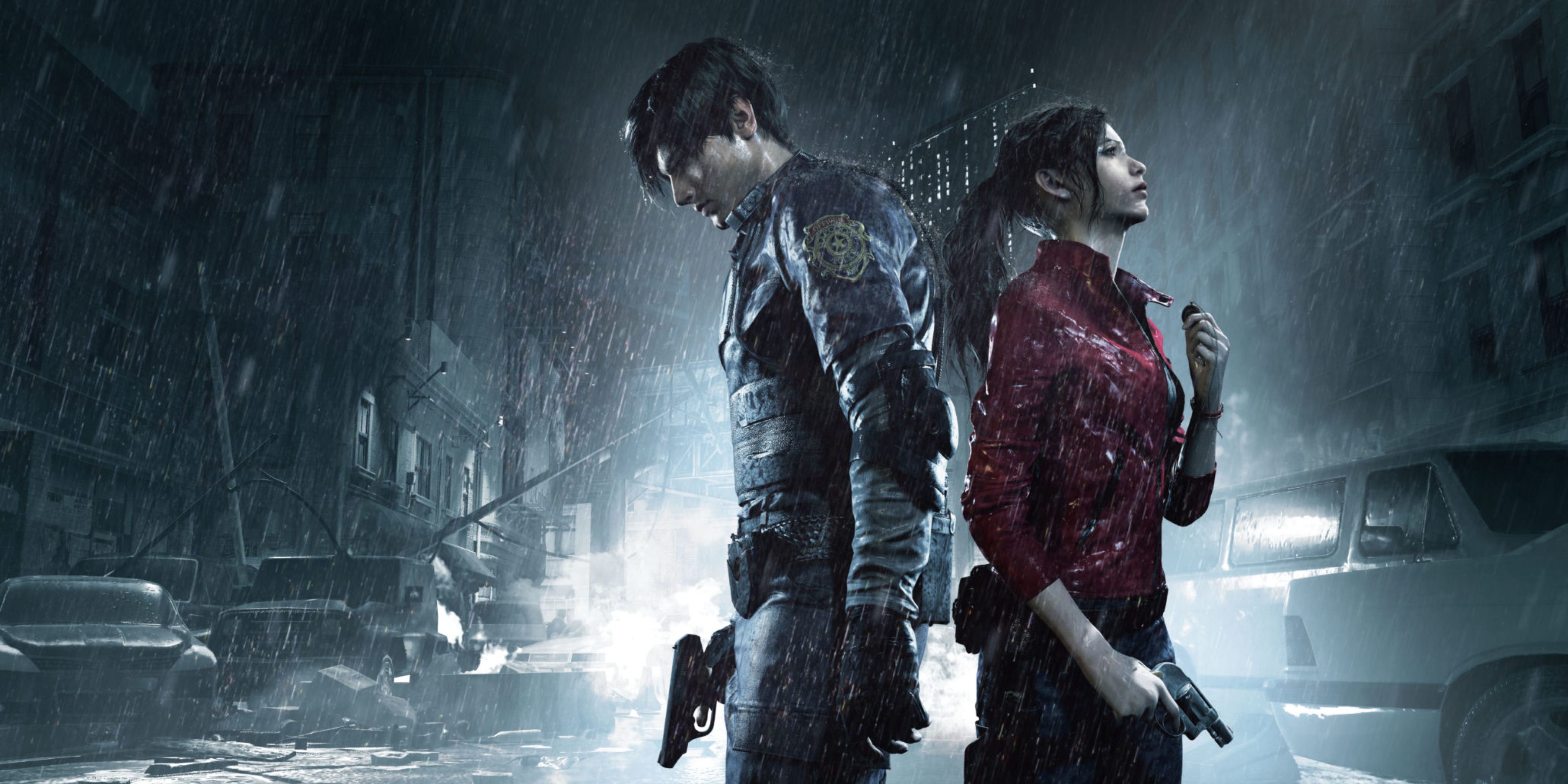 Leon and Clare in a destroyed Raccoon City, holding guns in the rain