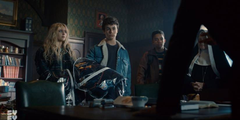 Lexy, Jake, and Devon in Father Bryce's office in Chucky season 2