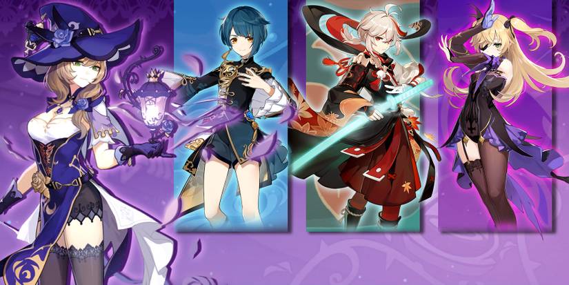 lisa, xingqiu, kazuha, and fischl in genshin impact