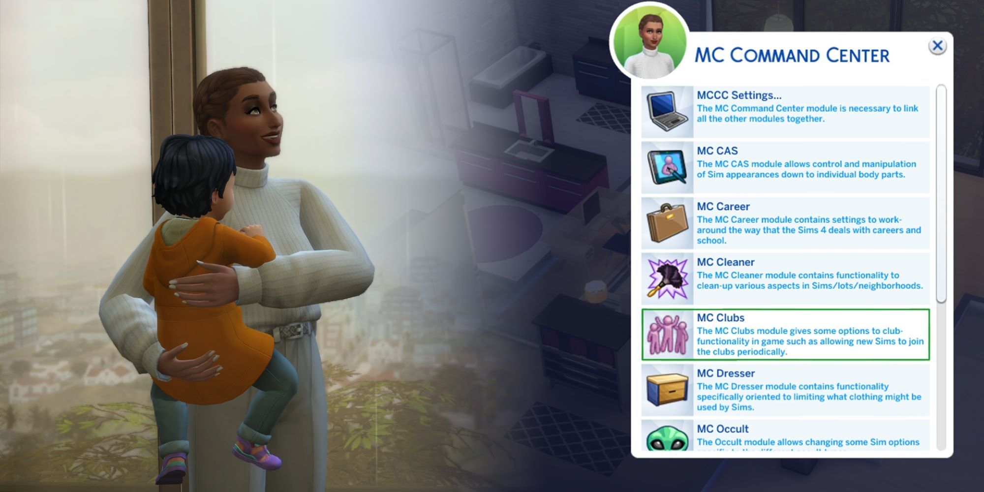 Split grid of a Sim holding a baby Sim, and an in-game menu in The Sims 4.