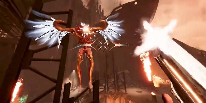 metal hellsinger player shooting at an angel 