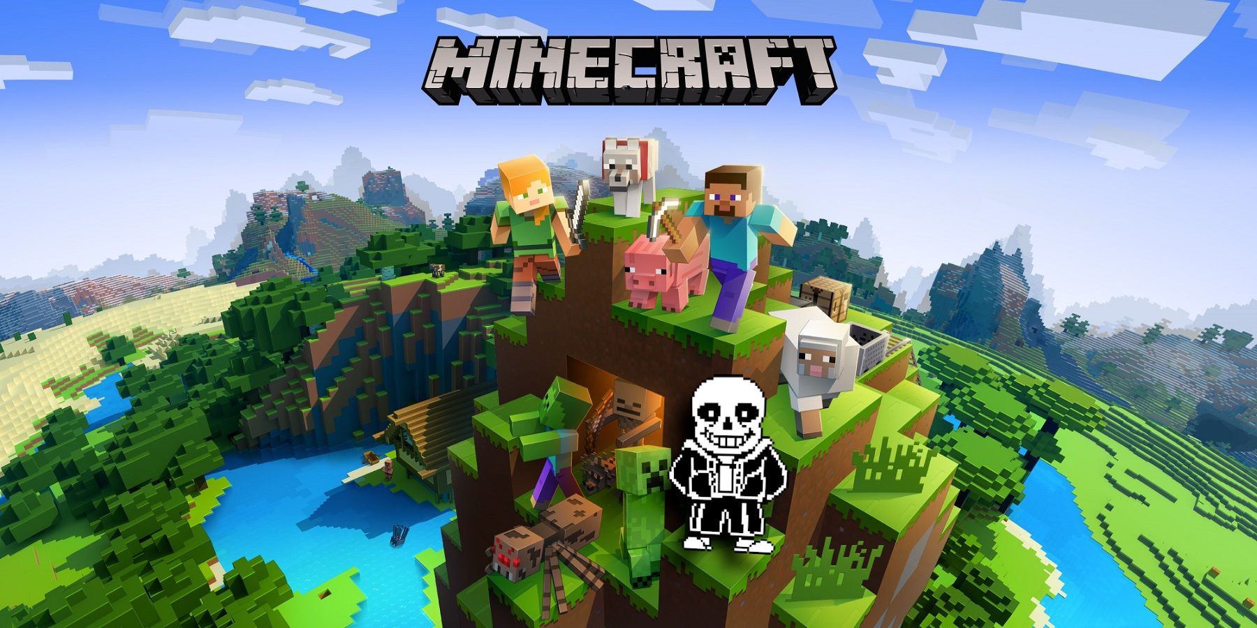 Image from Minecraft showing all the main characters at the top of the hill, with Undertale's Sans just beneath them.