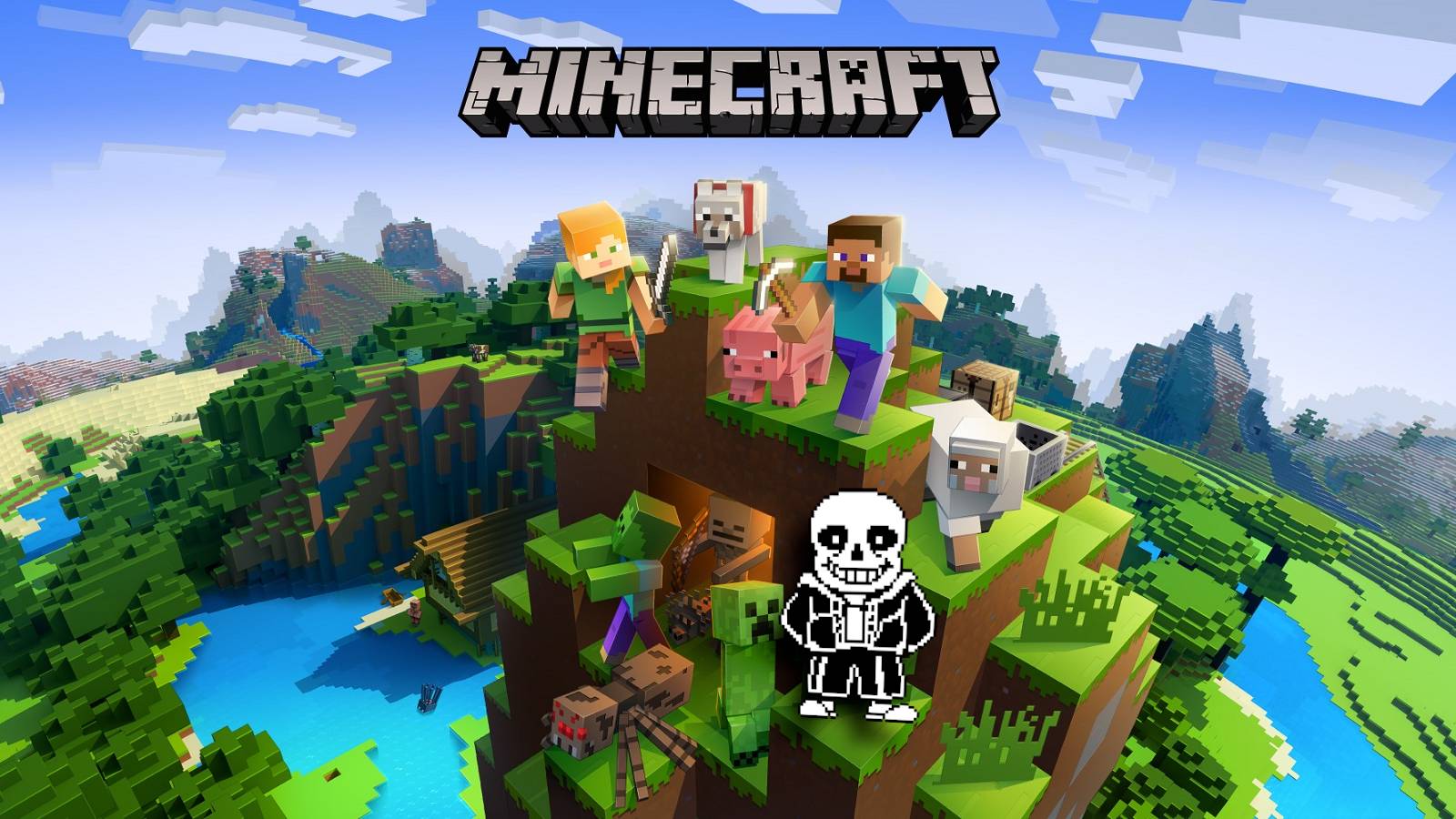 Image from Minecraft showing all the main characters at the top of the hill, with Undertale's Sans just beneath them.