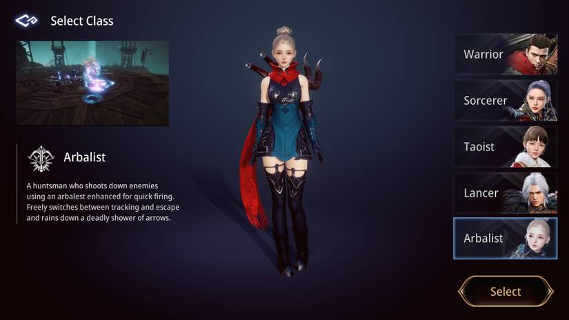 MIR4 selection menu showcasing the arbalist class.