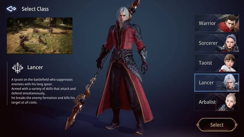 MIR4 selection menu showcasing the lancer class.