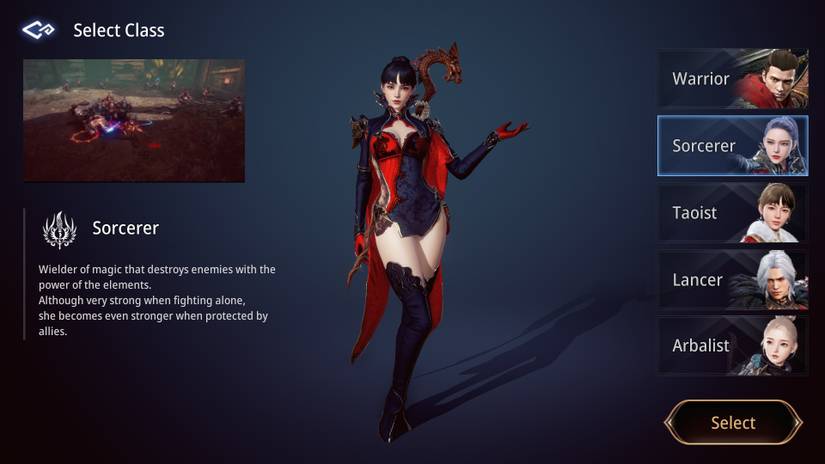 MIR4 selection menu showcasing the sorcerer class.