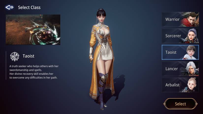 MIR4 selection menu showcasing the Taoist class.