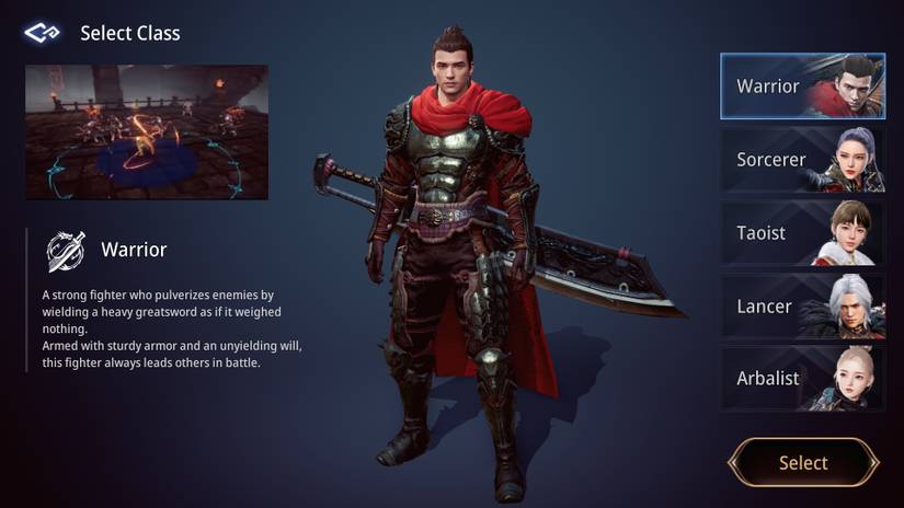 MIR4 selection menu showcasing the Warrior class