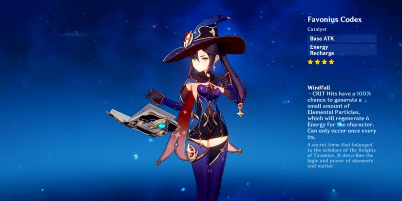 mona holding favonius codex in genshin impact