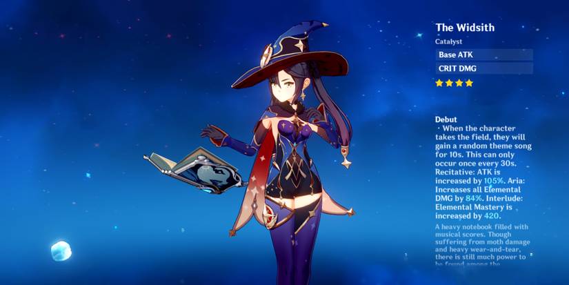 mona holding the widsith in genshin impact