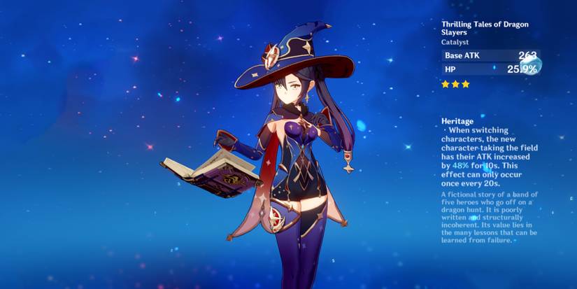 mona holding thrilling tales of dragon slayers in genshin impact