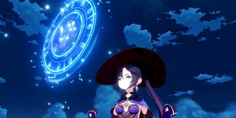mona looking at a circle in genshin impact