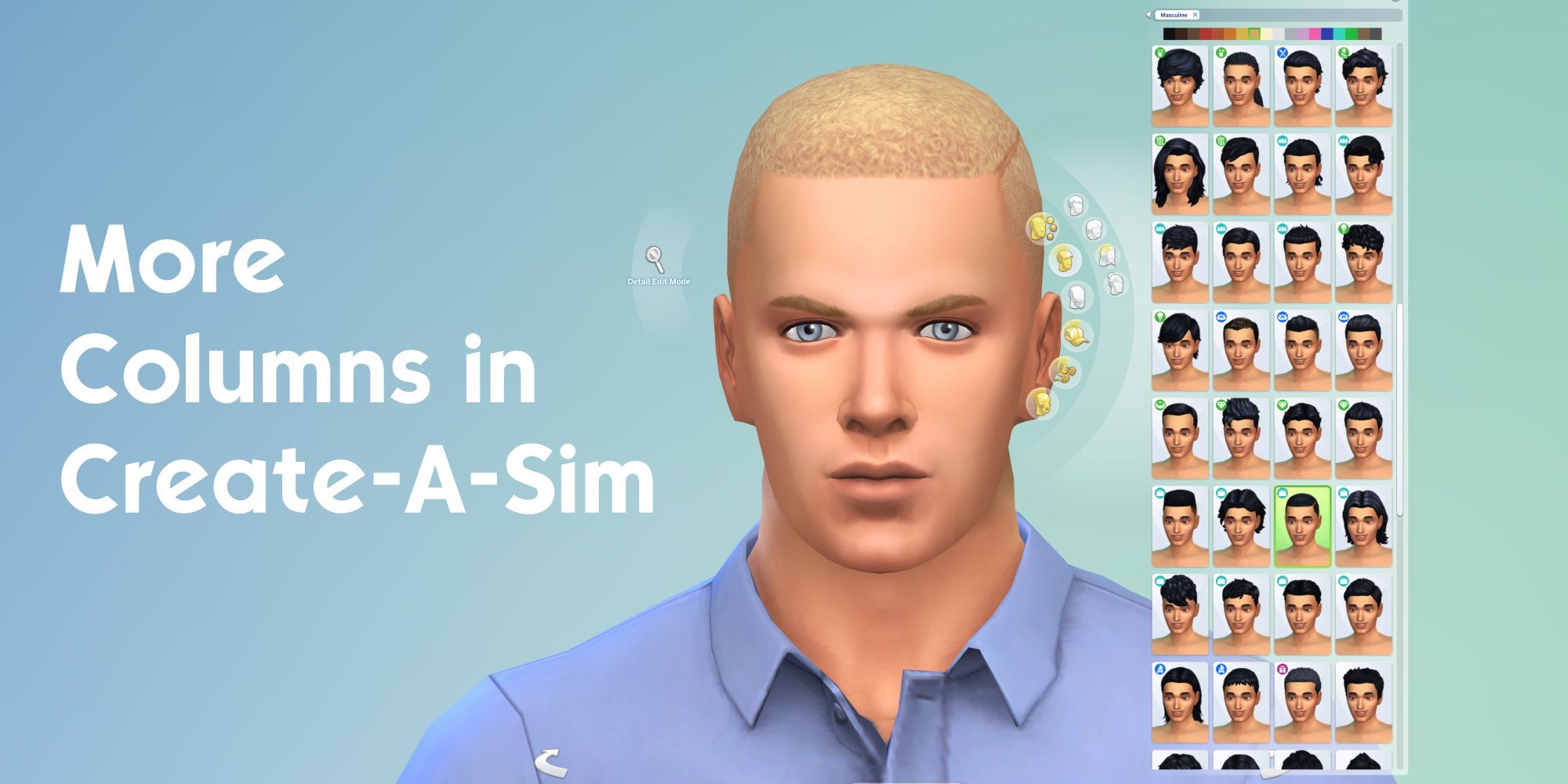 A screenshot of The Sims 4's create a sim menu with the text 'More Columns in Create-A-Sim' overlayed.