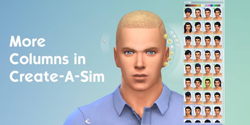 A screenshot of The Sims 4's create a sim menu with the text 'More Columns in Create-A-Sim' overlayed.