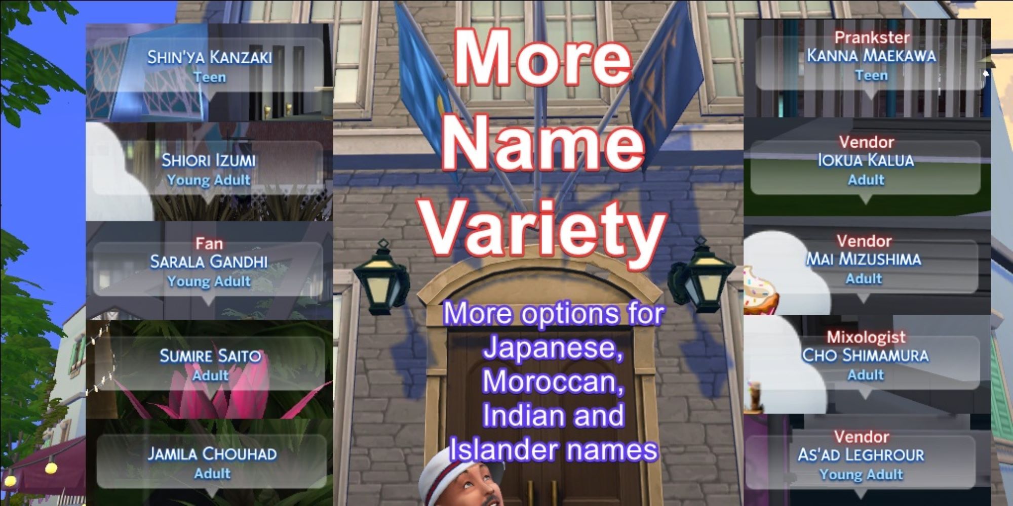 Screenshot of a building in The Sims 4 with various names bordering the sides.
