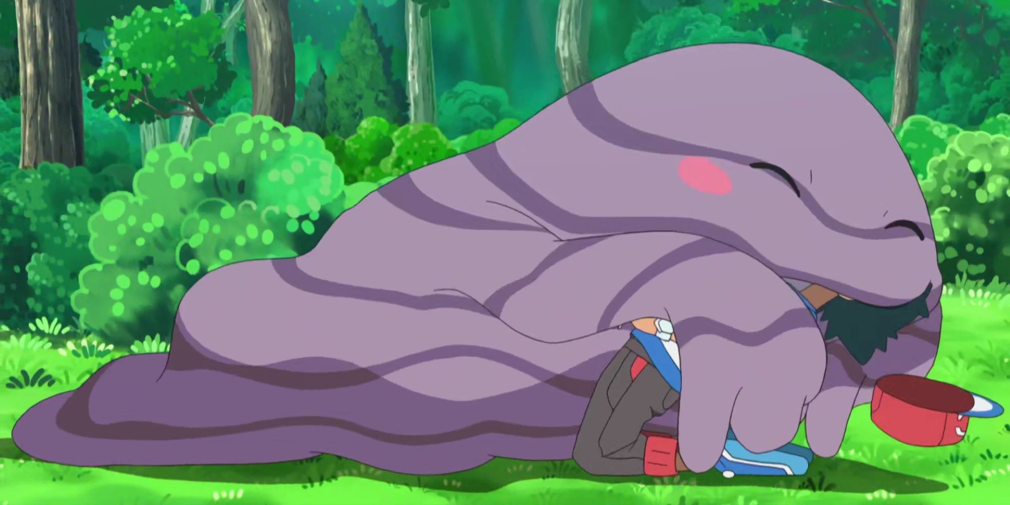 A screenshot of the Pokemon Muk from the Pokemon anime hugging Ash.