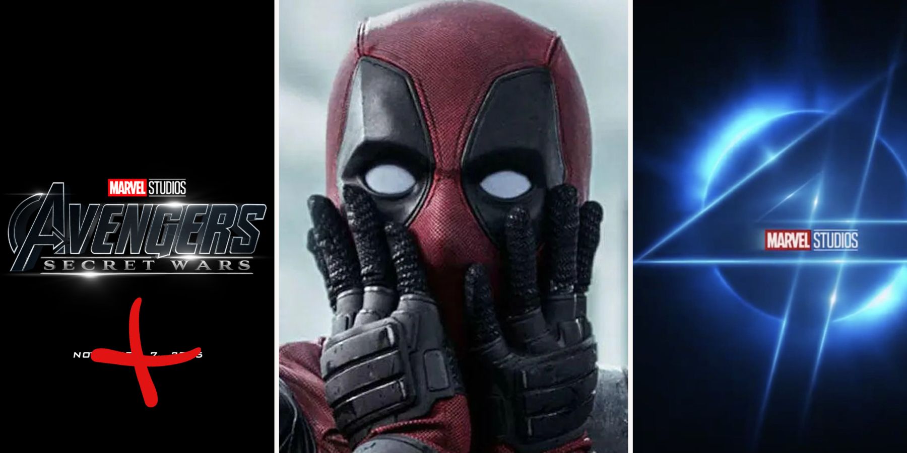 Deadpool shocked split image with Avengers Secret Wars and Fantastic Four logo