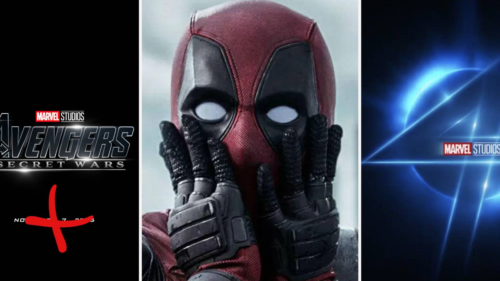 Deadpool shocked split image with Avengers Secret Wars and Fantastic Four logo