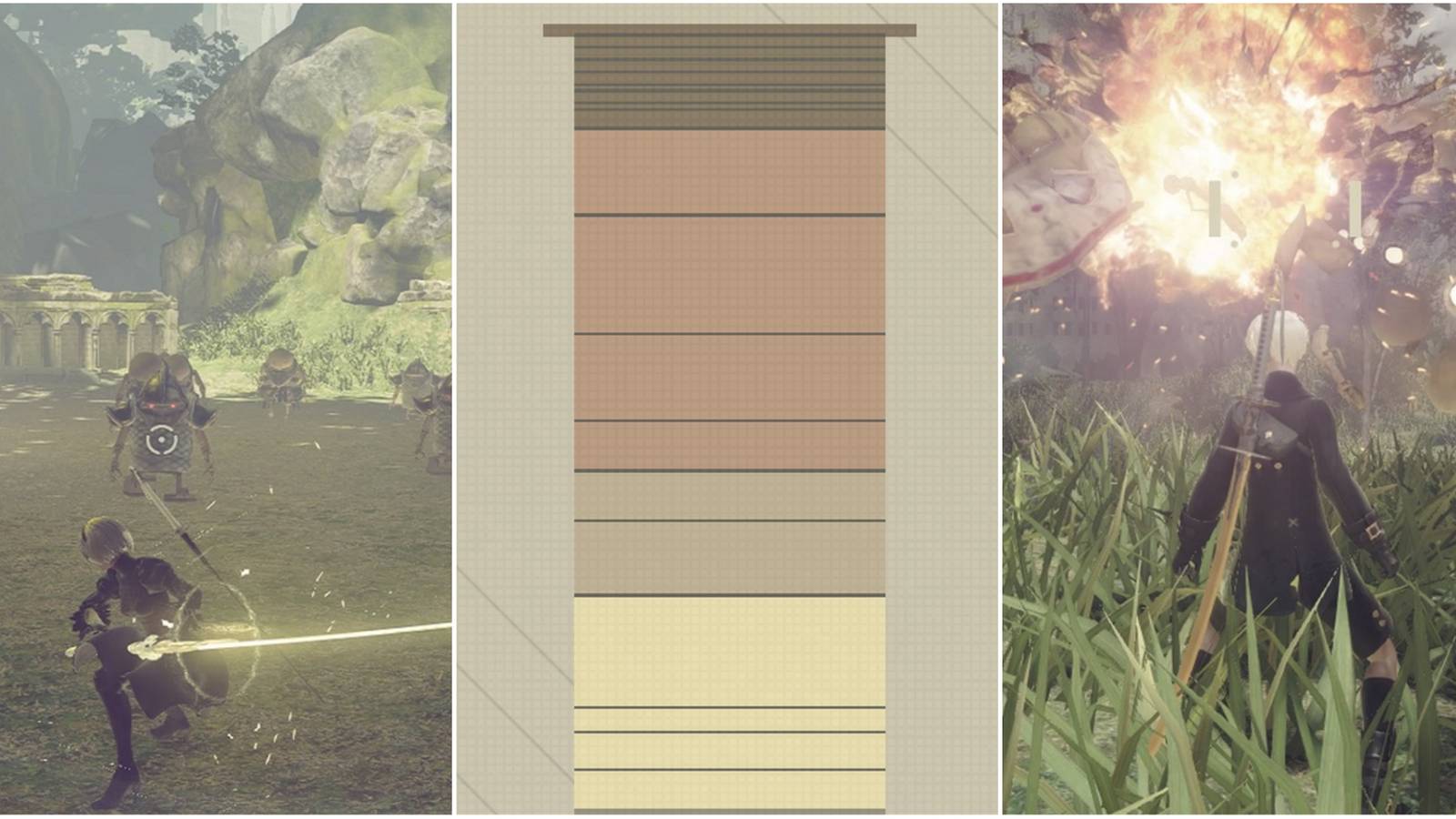 2B charging up an attack, a proper chip setup, and 9S attacking a machine from a distance.