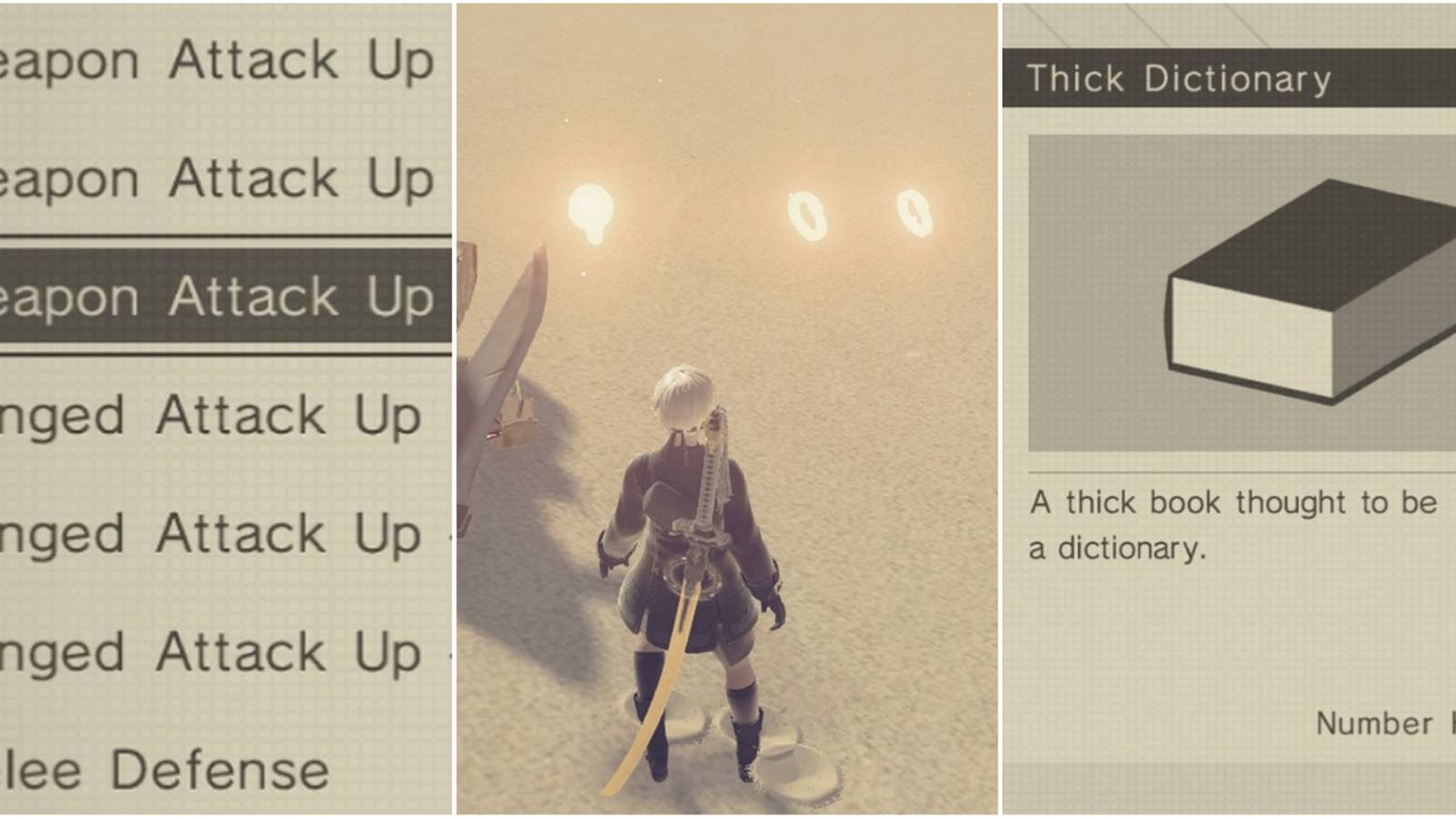 Low-level common items, crafting loot, and the Thick Dictionary from Nier Automata.