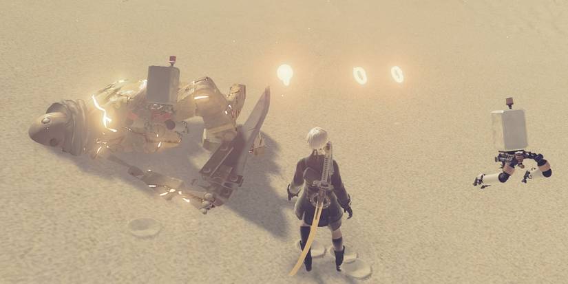 9S from Nier Automata gathering loot.