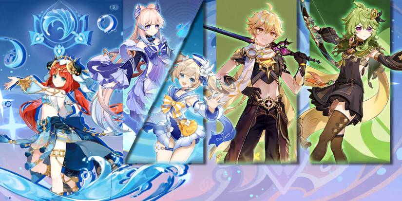nilou, kokomi or barbara, dendro mc, and collei in genshin impact
