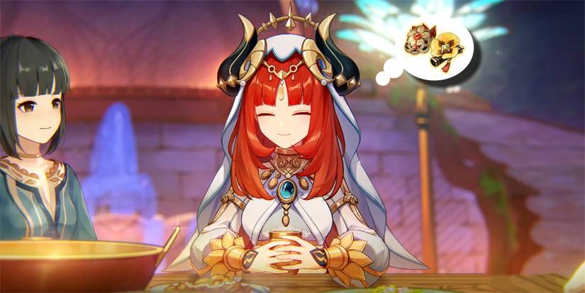 nilou thinking about tenacity of the millelith and heart of depths in genshin impact