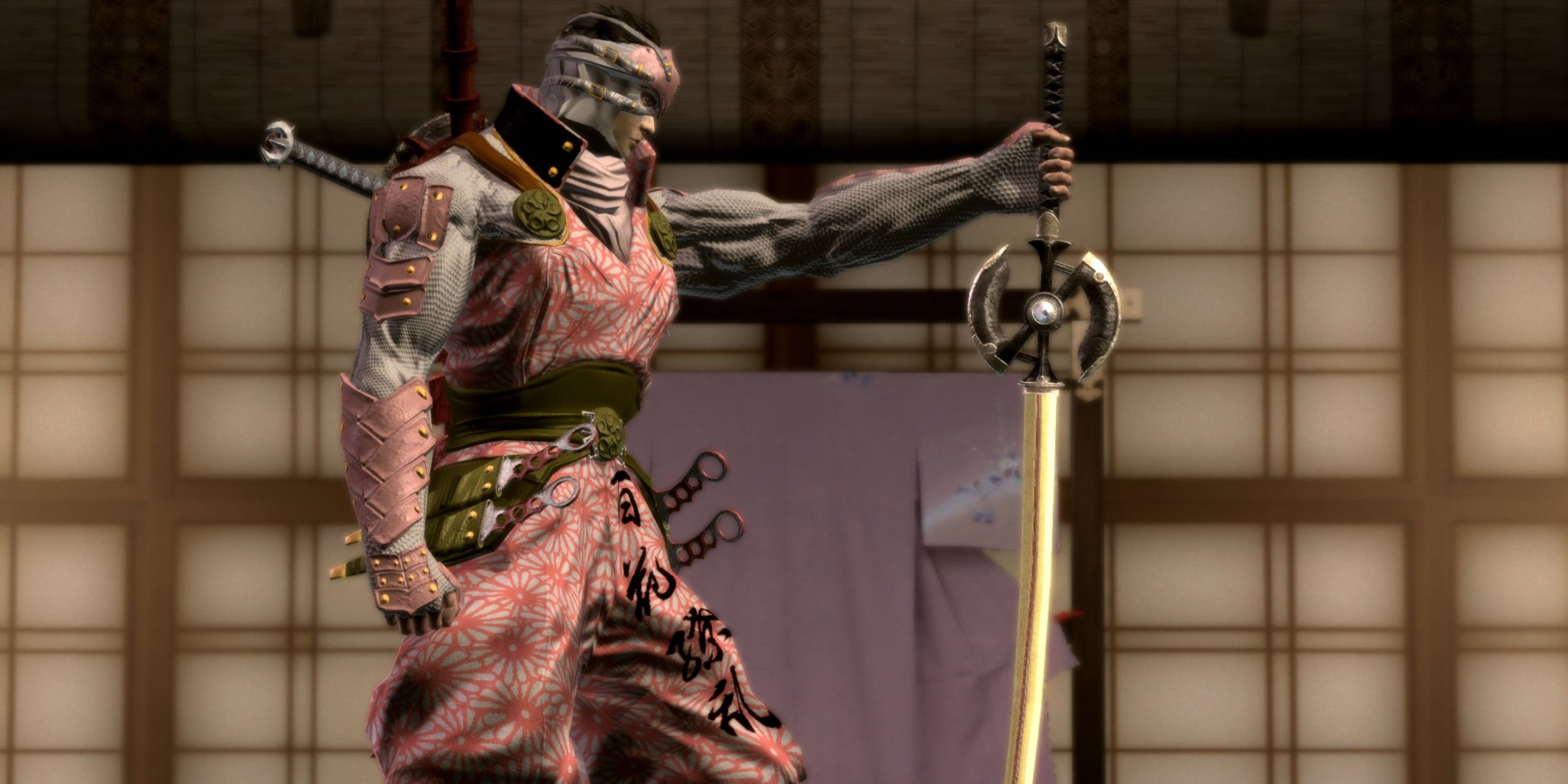 Pink Ninja holding up a sword in Ninja Blade