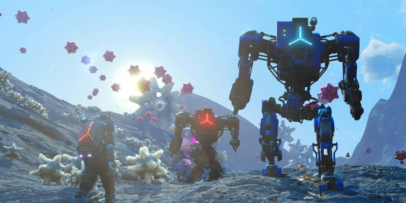 no man player walking towards giant robots 