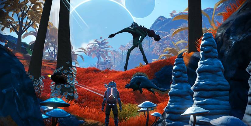 no man sky player looking at two alien animals 