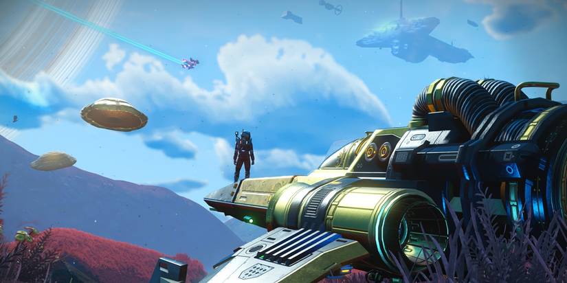 no man sky player on top of their ship looking at the sky 