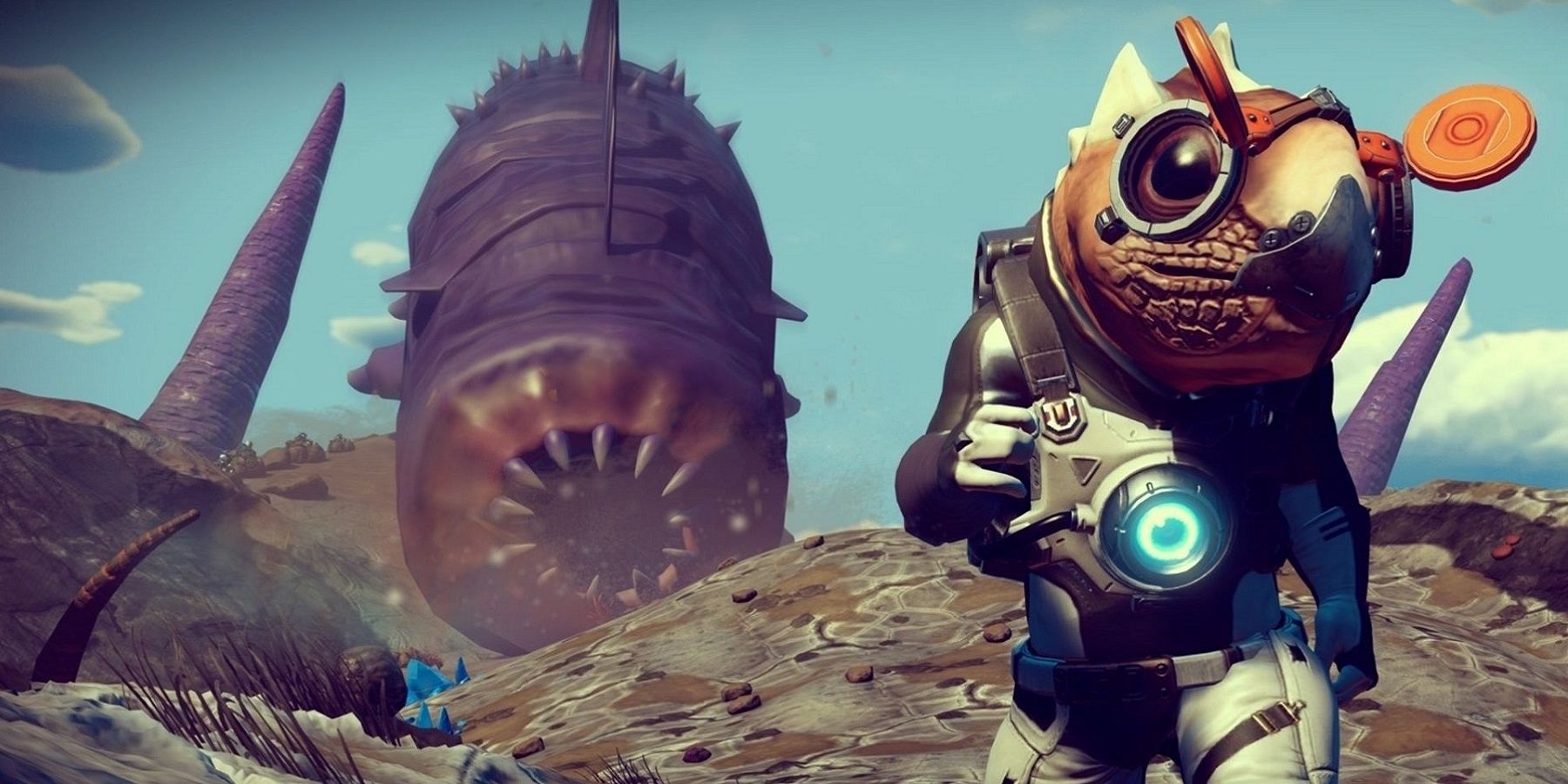 Image from No Man's Sky showing a Gek traveler with a giant sandworm behind them.
