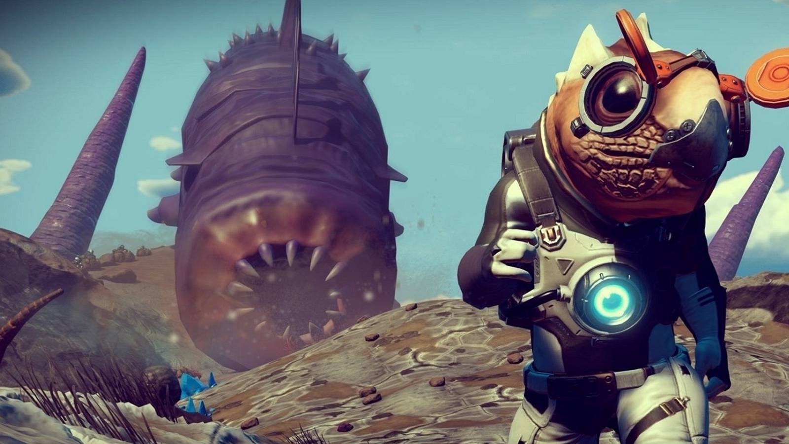 Image from No Man's Sky showing a Gek traveler with a giant sandworm behind them.