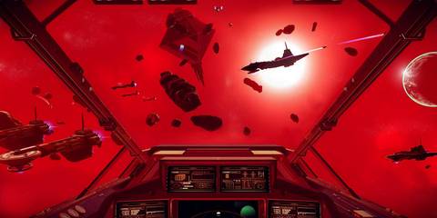Image from No Man's Sky showing a glowing red outer space filled with ships and freighters.