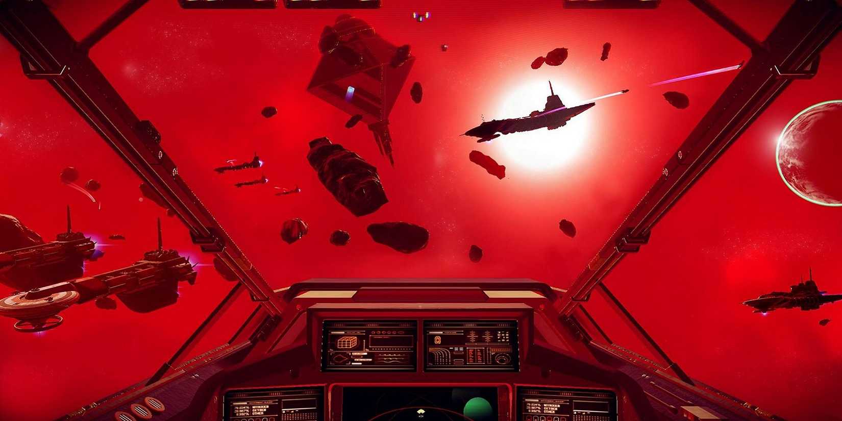 Image from No Man's Sky showing a glowing red outer space filled with ships and freighters.