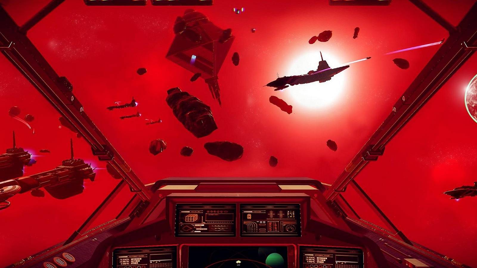 Image from No Man's Sky showing a glowing red outer space filled with ships and freighters.