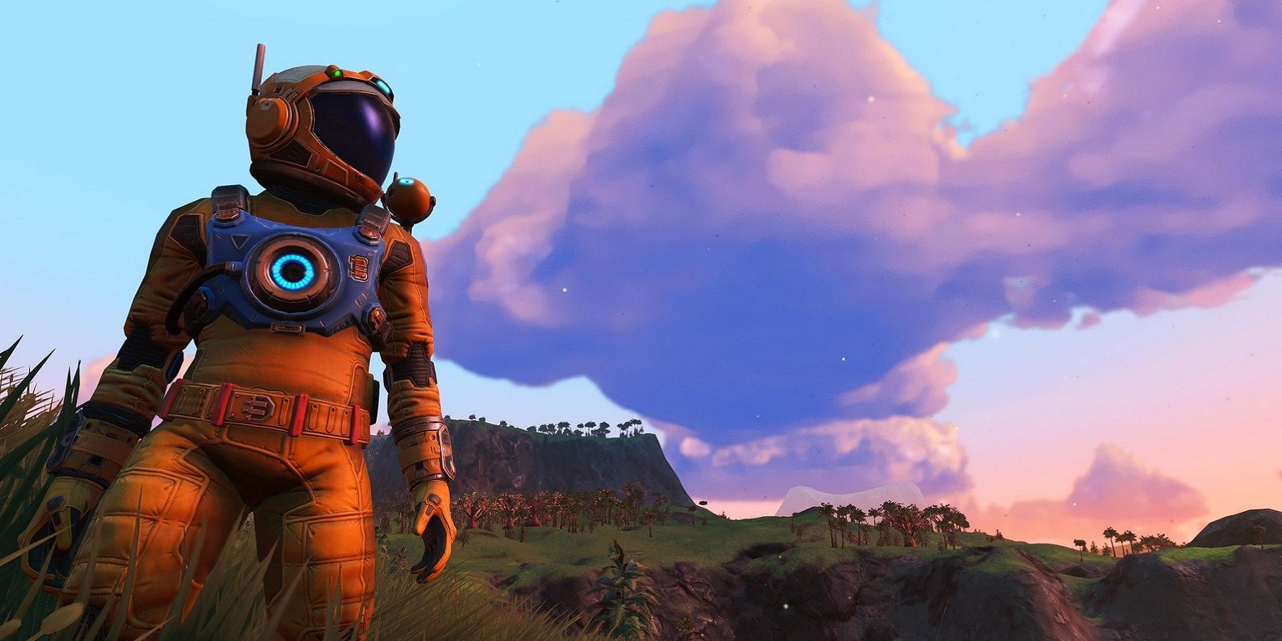 Image from No Man's Sky showing the Traveller on a pleasant Earth-like planet.