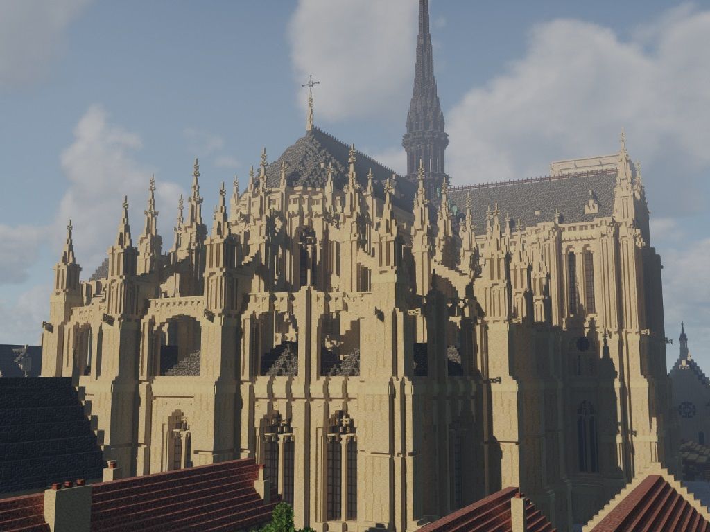 Screenshot from Minecraft showing the Notre Dame Cathedral.