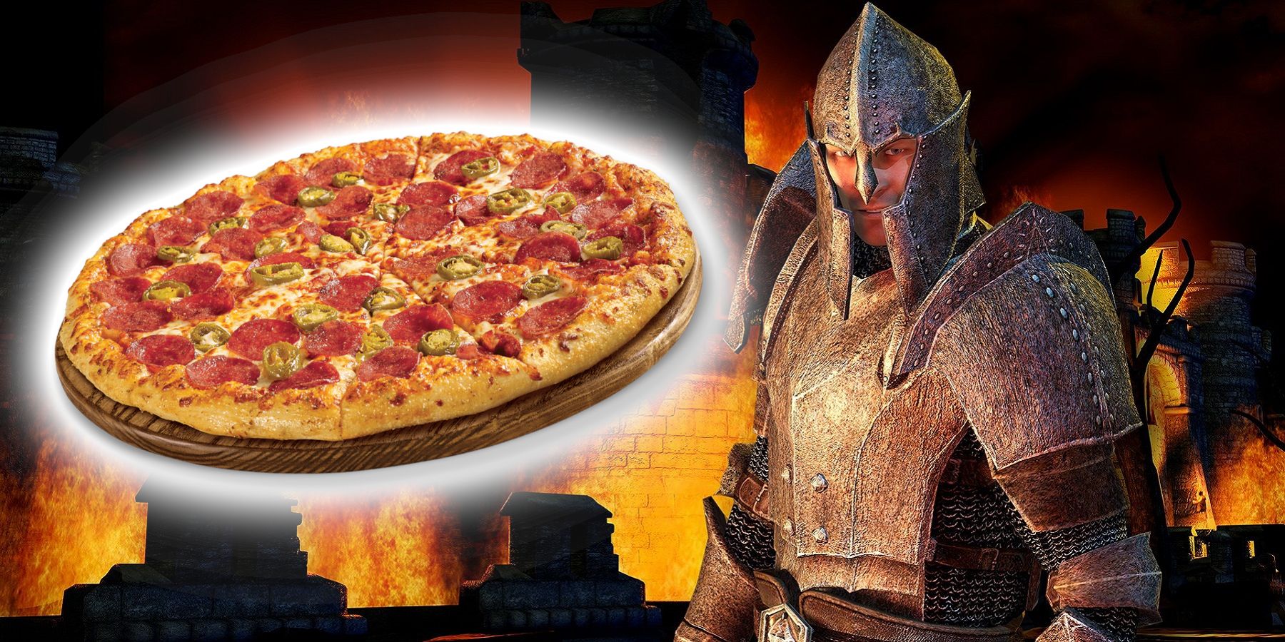 Image from Elder Scrolls 4: Oblivion showing an Imperial soldier stood next to a floating pizza.