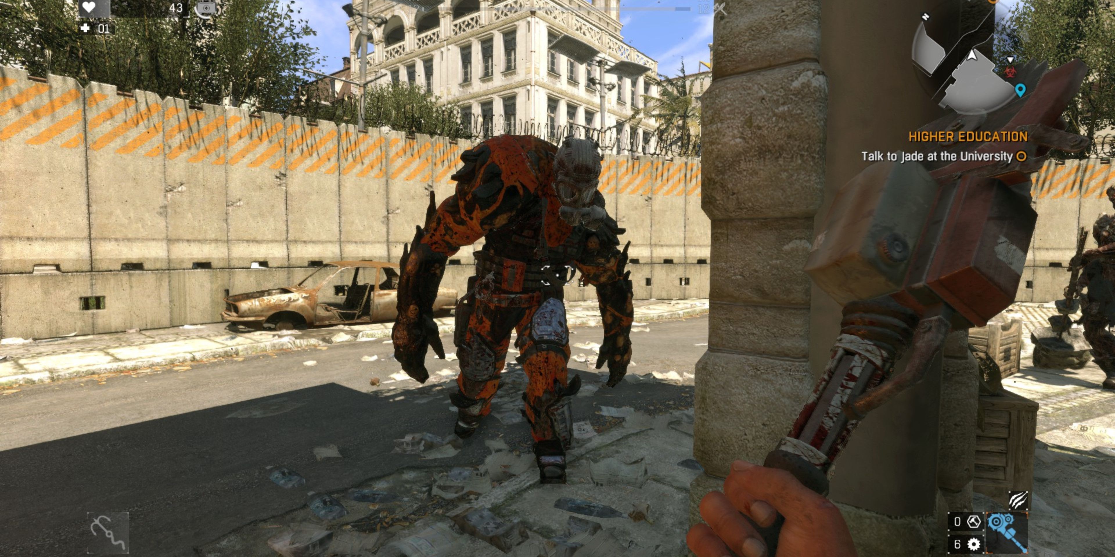 The player faces off against an armored Demolisher beside a barricade in Old Town