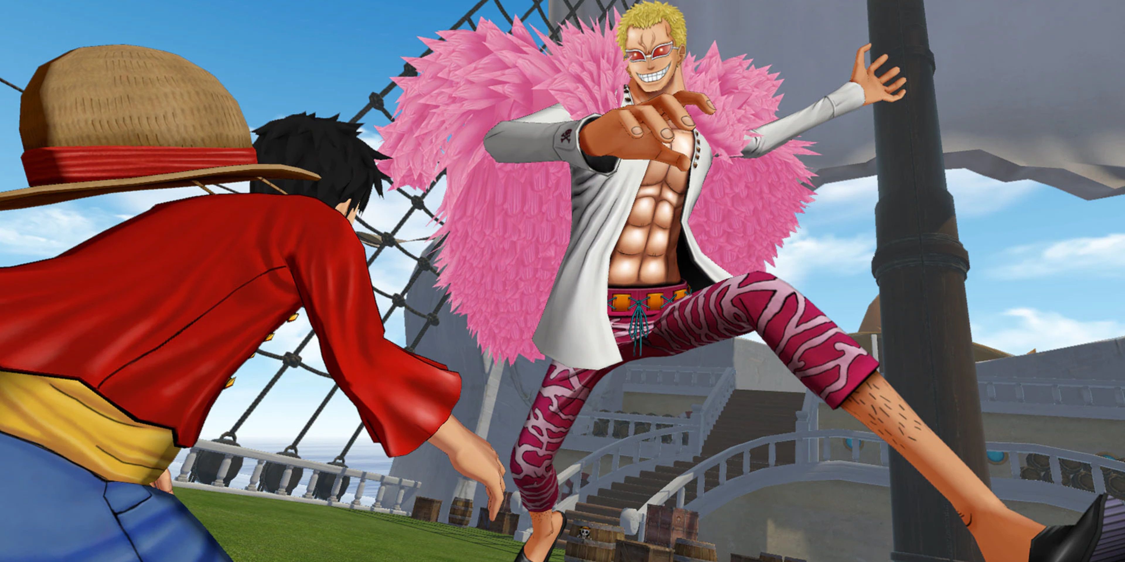 First person perspective of Luffy from the Straw Hat being attacked by Doflamingo on the deck of the Thousand Sunny