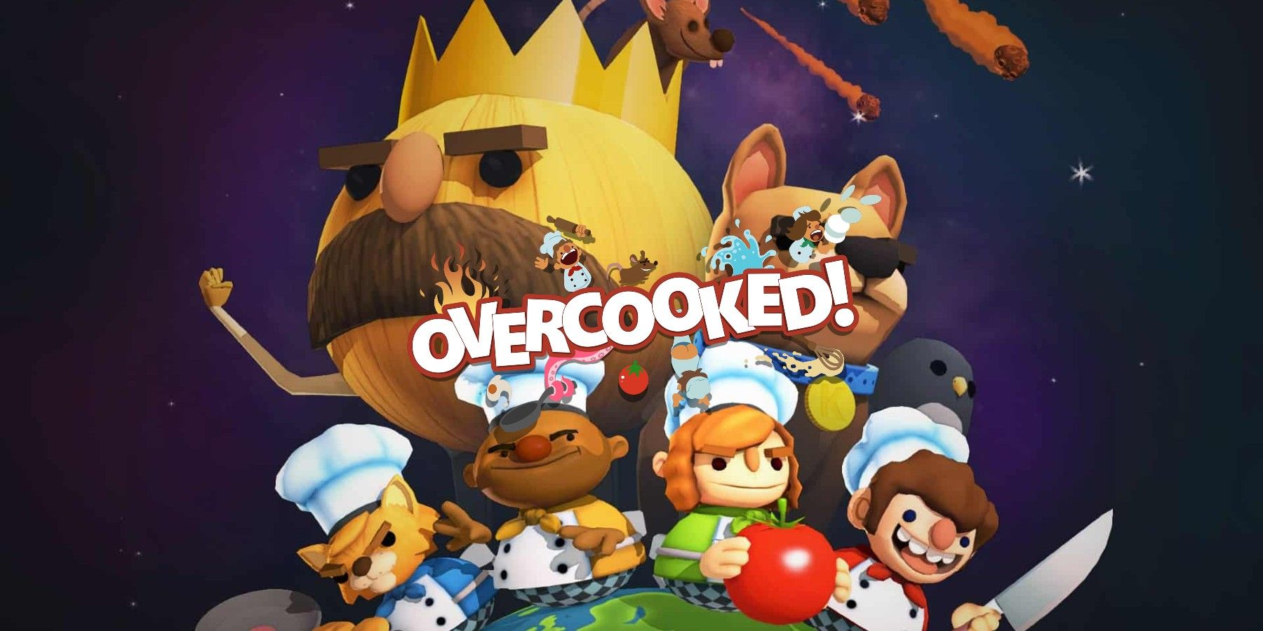 three people and cat in chef's hats holding tomato and knife under dog and onion king from overcooked