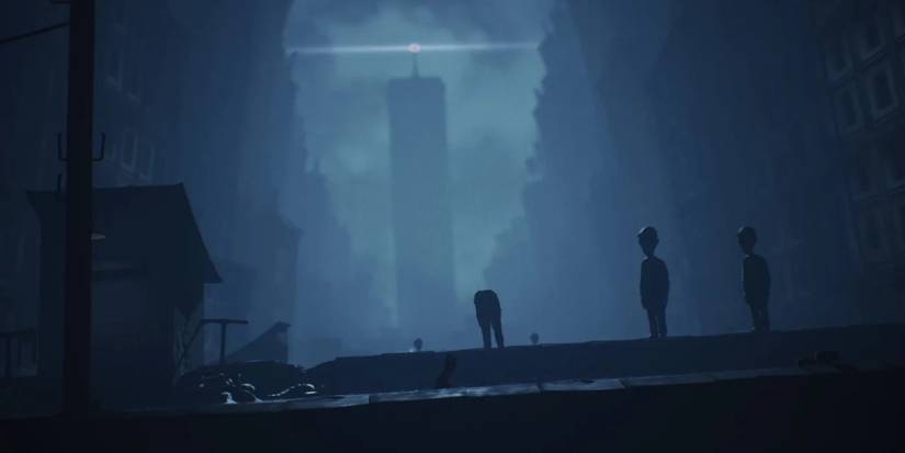 Mono and Six stealthy moving past the residents of the Free City as they are drawn to the Signal Tower and fall to their demise