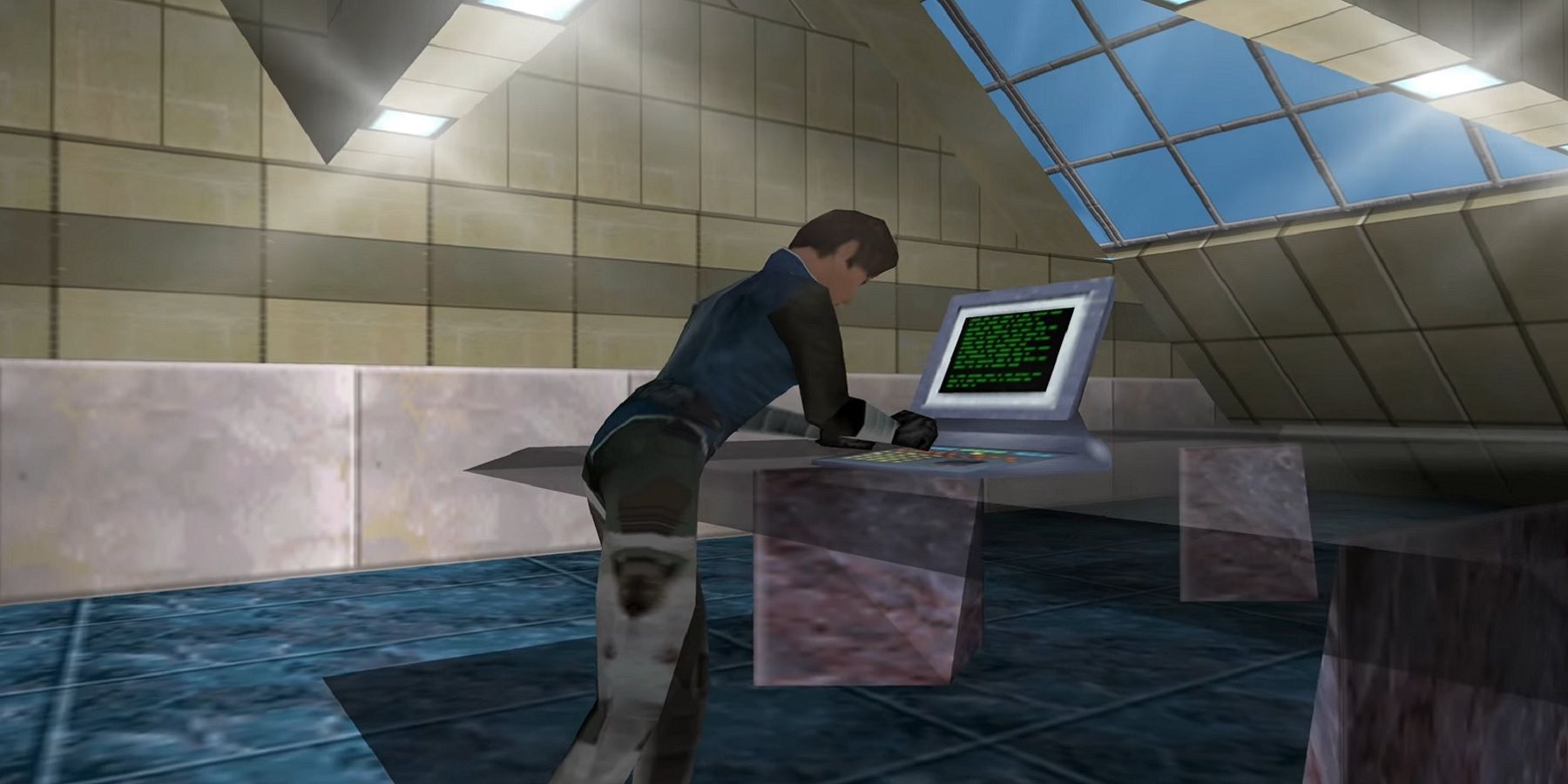 A screenshot from Perfect Dark showing Joanna Dark typing at a computer.