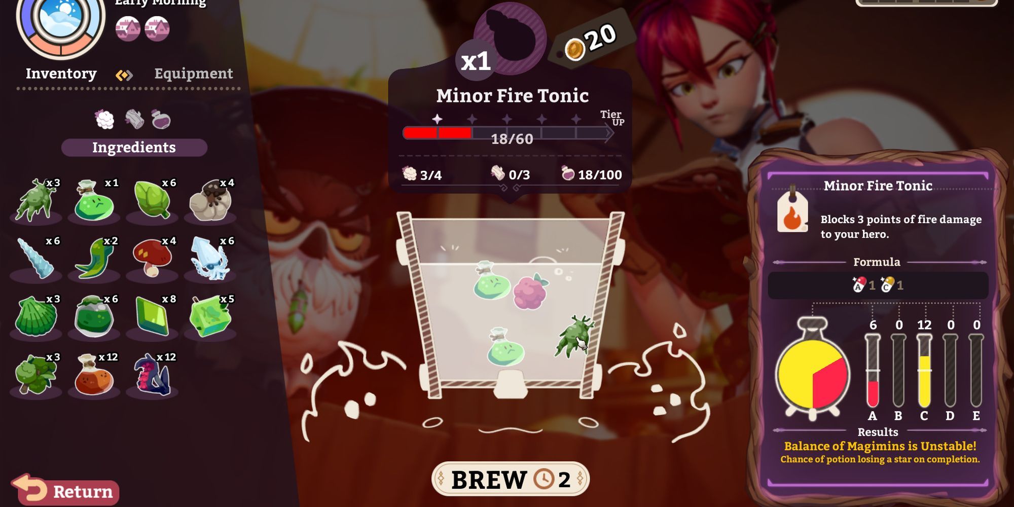 The brewing interface watched by Sylvia and Owl in Potionomics.
