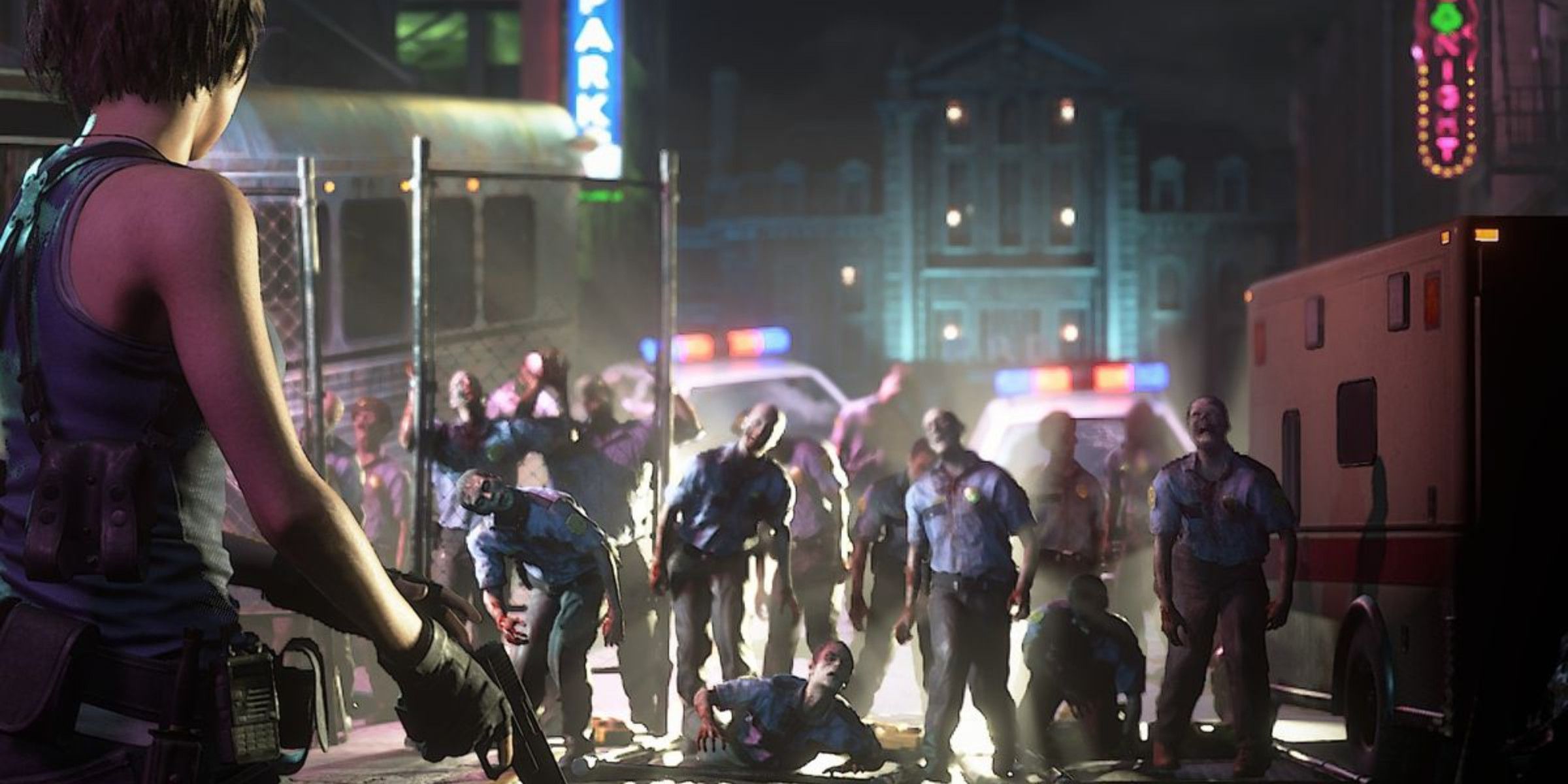 Jill Valentine facing a horde of zombie police officers in the streets of Raccoon City